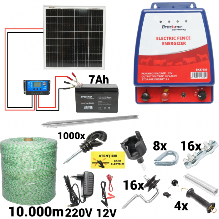 Kit pachet gard electric 6 Joule 12 220V panou baterie 7ah fir 10000m + accesorii (BK87583-0.4Oh10000-04-7Ah) [1]