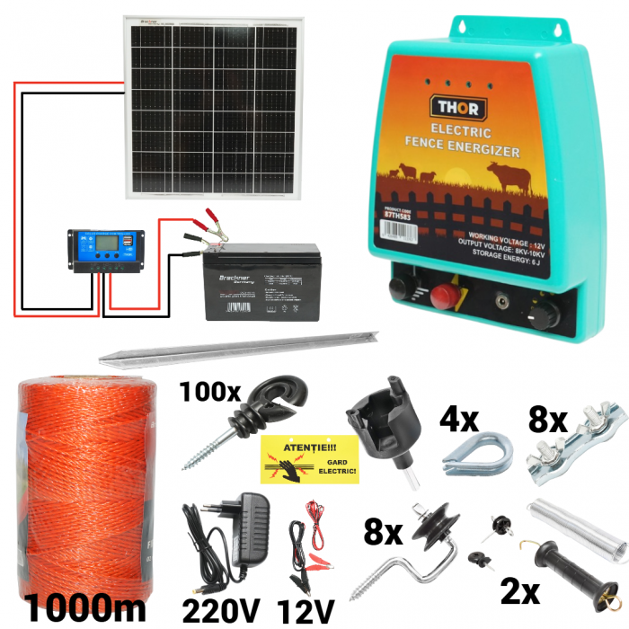 Kit pachet gard electric 6 Joule 12 220V panou baterie 7ah fir 1000m + accesorii (87TH583-1000-04-7ah) [1]