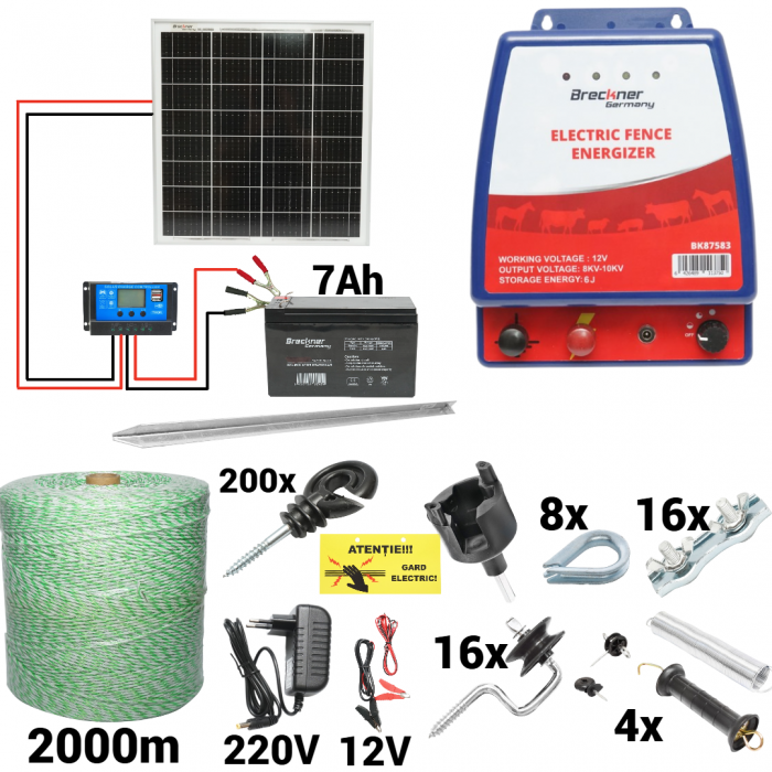 Kit pachet gard electric 6 Joule 12 220V panou baterie 7ah fir 2000m + accesorii (BK87583-0.4Oh2000-04-7Ah) [1]