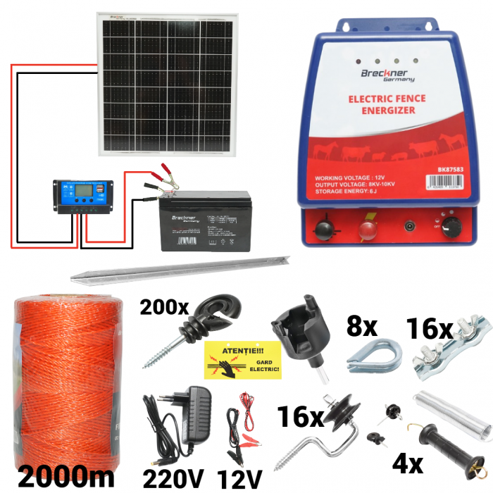 Kit pachet gard electric 6 Joule 12 220V panou baterie 7ah fir 2000m + accesorii (BK87583-2000-04-7ah) [1]