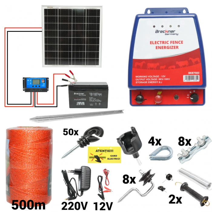 Kit pachet gard electric 6 Joule 12 220V panou baterie 7ah fir 500m + accesorii (BK87583-500-04-7ah) [1]
