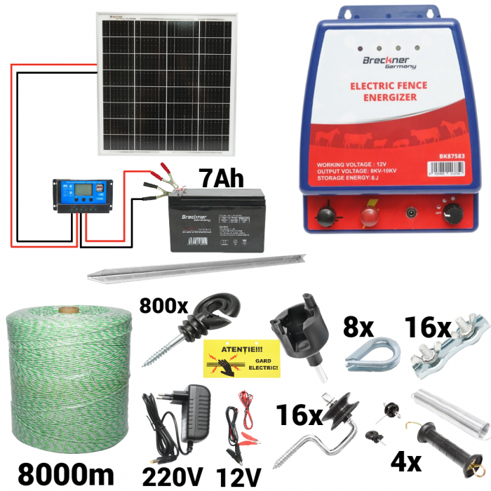 Kit pachet gard electric 6 Joule 12 220V panou baterie 7ah fir 8000m + accesorii (BK87583-0.4Oh8000-04-7Ah) [1]