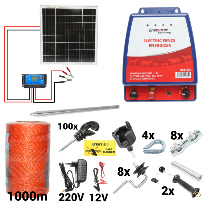 Kit pachet gard electric 6 Joule 12 220V panou solar 1000m 100 izolatori + accesorii (BK87583-1000-04-02) [1]