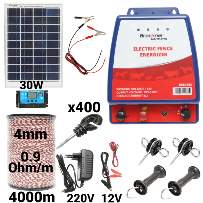 Kit pachet gard electric 6 Joule 12 220V panou solar 4000m 400 izolatori (BK87583-4000-4mm-30W) [1]