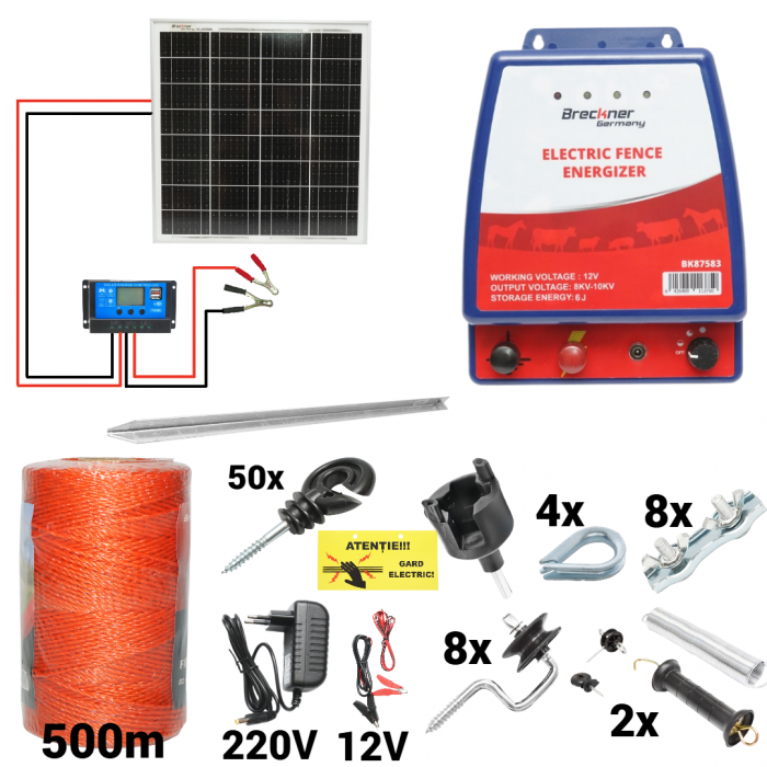 Kit pachet gard electric 6 Joule 12 220V panou solar 500m 50 izolatori + accesorii (BK87583-500-04-02) [1]