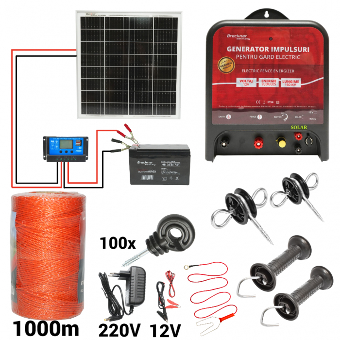 Kit pachet gard electric 9 Joule 12 220V 1000m panou baterie (Gi9J-1000-10W-7Ah) [1]