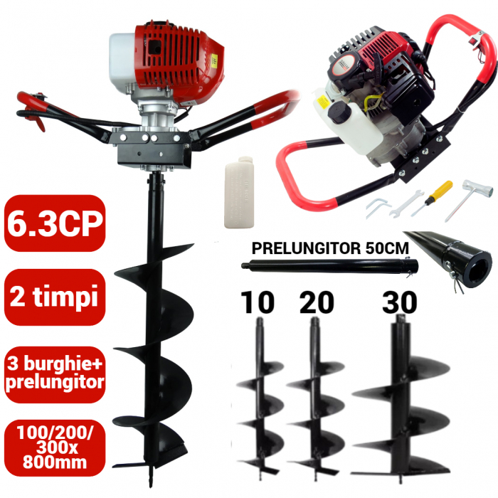 Motoburghiu foreza pamant gheata 6.3CP + 3 burghie + prelungitor 50cm (BAVGD-6300+100 200 300+) [1]