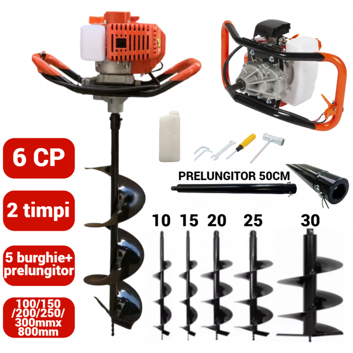 Motoburghiu foreza pamant gheata 6CP + 5 burghie + prelungitor 50cm (MX564+100 150 200 250 300+) [1]