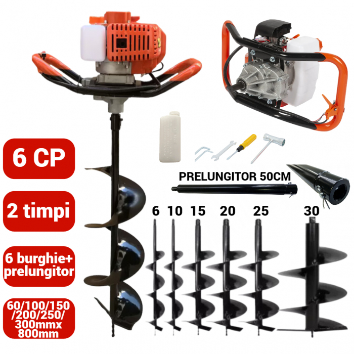 Motoburghiu foreza pamant gheata 6CP + 6 burghie + prelungitor 50cm (MX564+60 100 150 200 250 300+) [1]