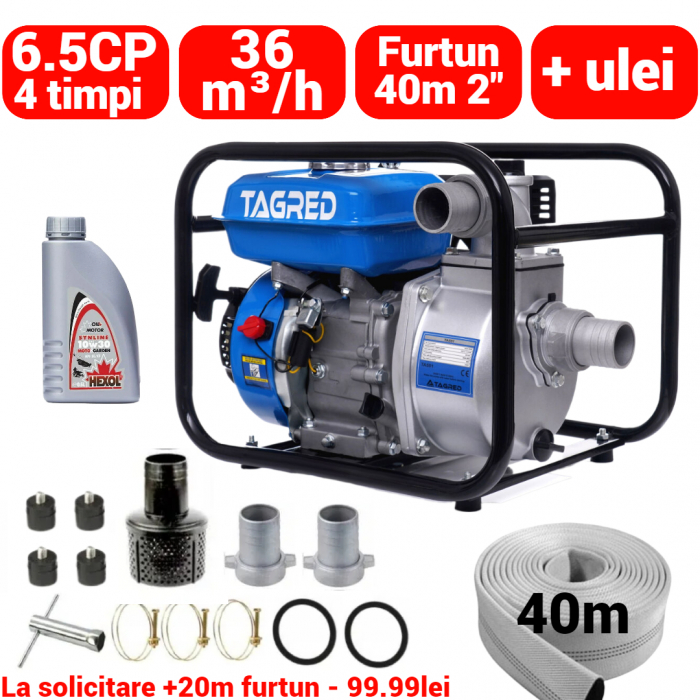 Motopompa benzina 4timpi 6.5CP + furtun 40m 2 toli +ulei motor (TA551+(3)) [1]