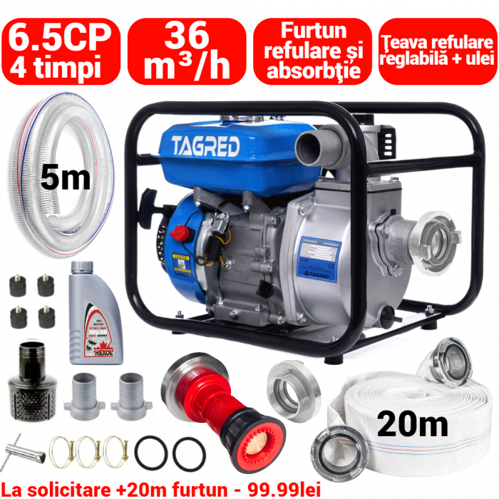 Motopompa benzina 6.5CP + furtun 20m refulare + 5m absorbtie + teava revulare +ulei (TA551+(5)) [1]