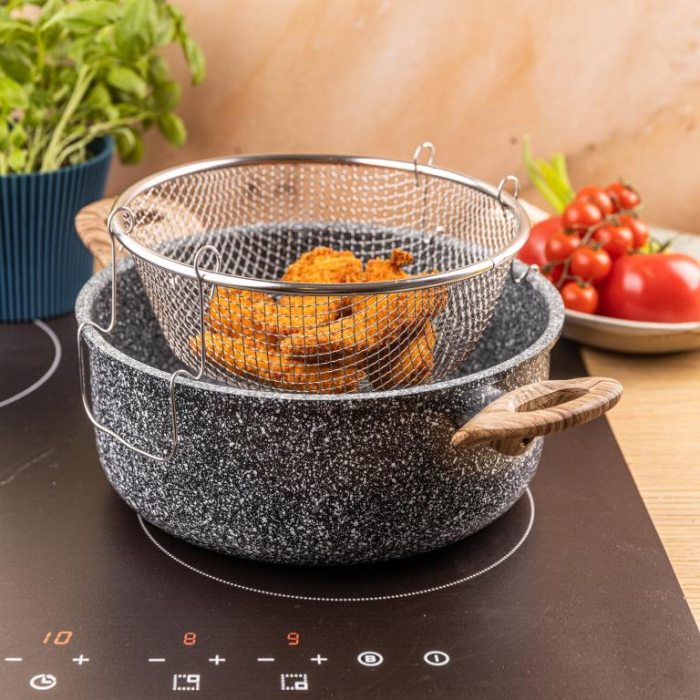 Oala pentru cartofi prajiti 24 cm 4 l cu invelis marmorat cos inox si capac (KH-1985) [12]