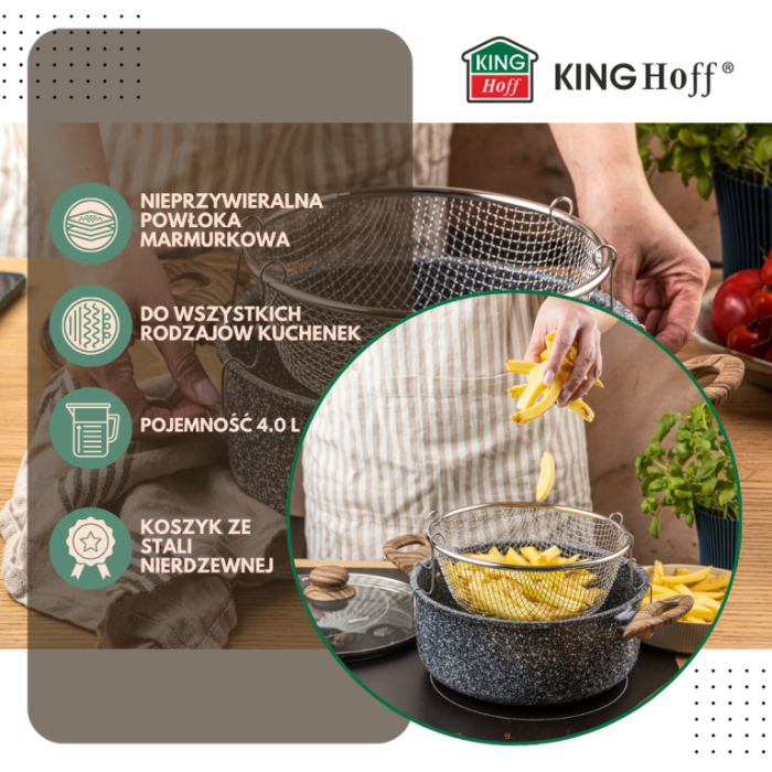 Oala pentru cartofi prajiti 24 cm 4 l cu invelis marmorat cos inox si capac (KH-1985) [20]