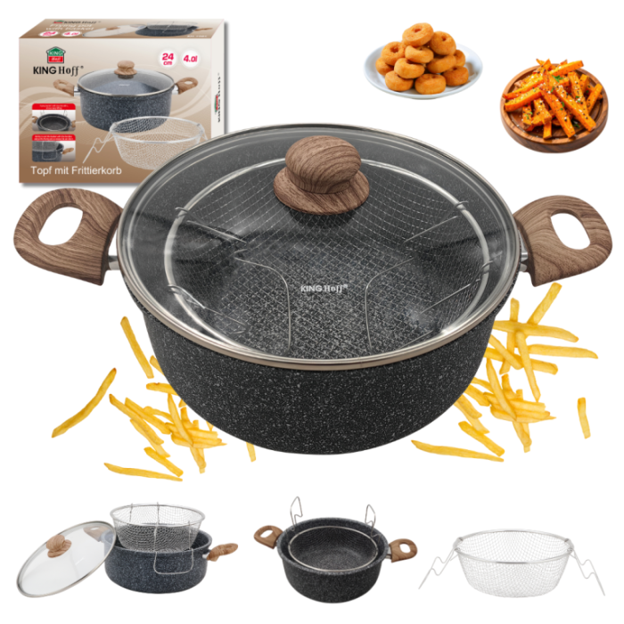 Oala pentru cartofi prajiti 24 cm 4 l cu invelis marmorat cos inox si capac (KH-1985) [9]