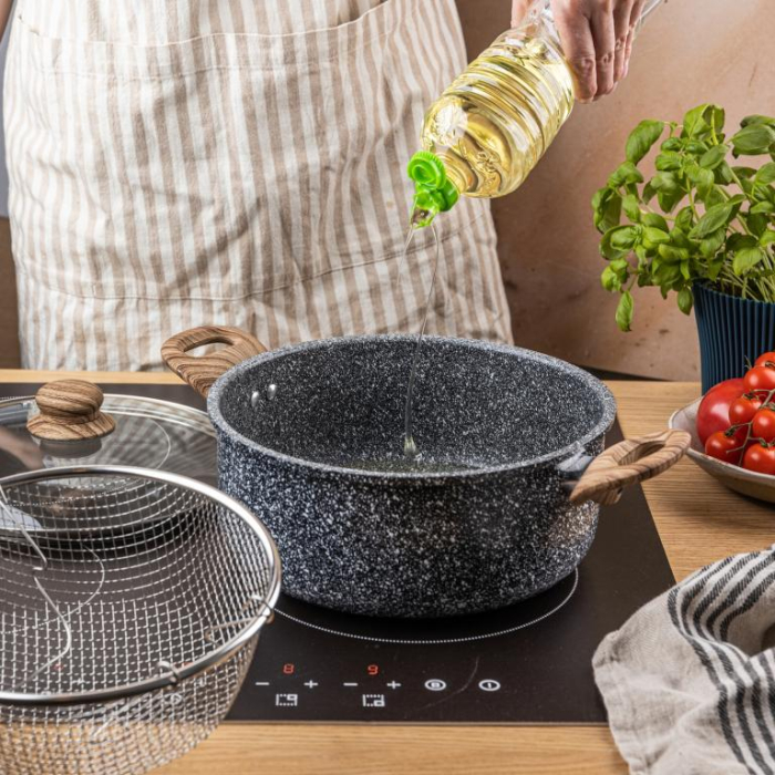 Oala pentru cartofi prajiti 24 cm 4 l cu invelis marmorat cos inox si capac (KH-1985) [15]