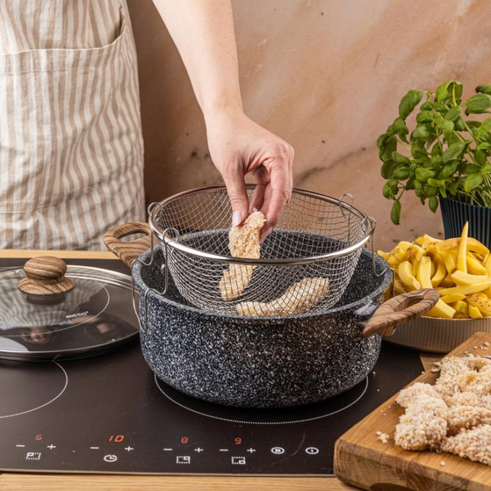 Oala pentru cartofi prajiti 24 cm 4 l cu invelis marmorat cos inox si capac (KH-1985) [16]