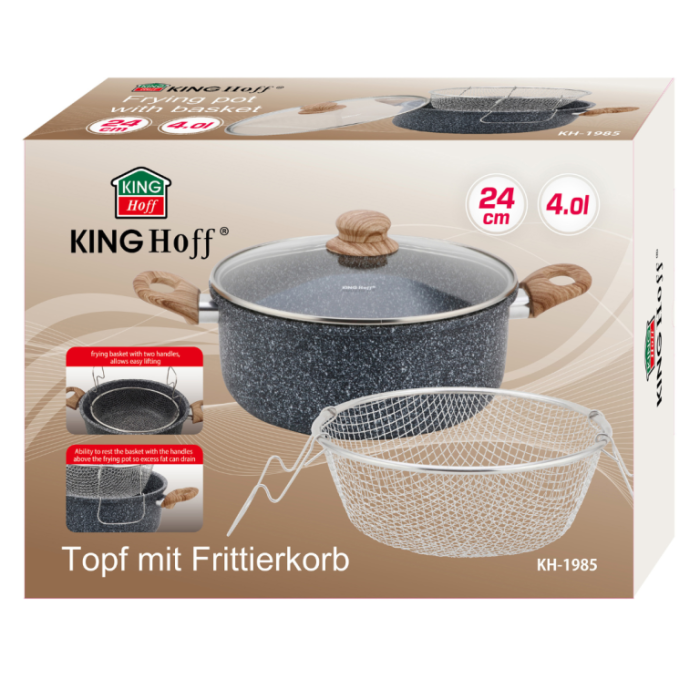 Oala pentru cartofi prajiti 24 cm 4 l cu invelis marmorat cos inox si capac (KH-1985) [14]