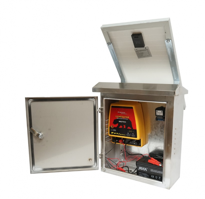 Pachet aparat generator impulsuri 12 Joule panou solar 30W baterie 12V 12Ah cutie din inox pentru gard electric (BK87633) [5]