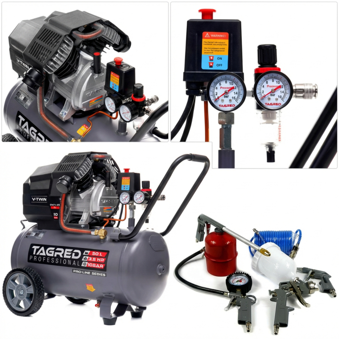 Compresor aer comprimat 50L 2 pistoane 10 bar + set 5 accesorii pneumatice + ulei compresor (TA365+PNEUM5PCS+EFT-6093) [16]