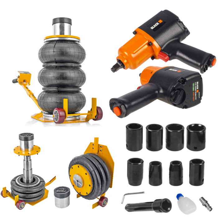 Pachet cric pneumatic 3.5T cu inaltator 15-50cm + pistol impact 1600Nm + chei impact 12-24mm si prelungitor (MP0500N-OR+12204) [1]