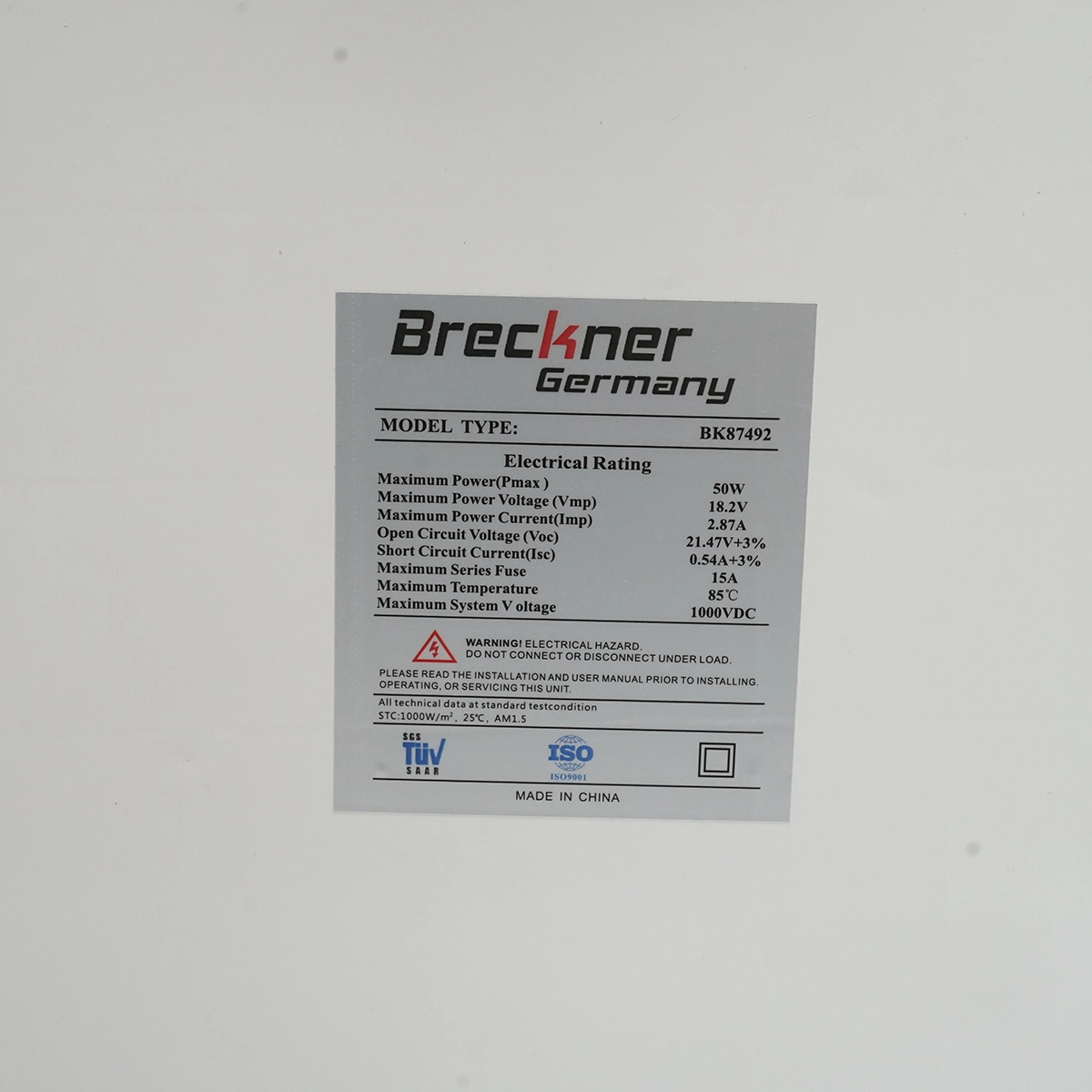 Panou solar 50W fotovoltaic policristalin cu cablu 90cm si tensiune maxima de 18V 670x530x20mm Breckner Germany DISDW84 (BK87492) [3]