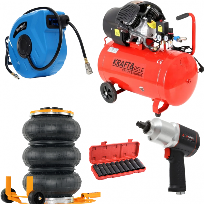 Pistol pneumatic 1 2 1900 Nm + compresor aer 100 L + furtun aer rola tambur 20m + cric pneumatic 3.5 T + trusa chei tubulare impact(KD1483+TA815+KD1461+14308+KD10521) [1]