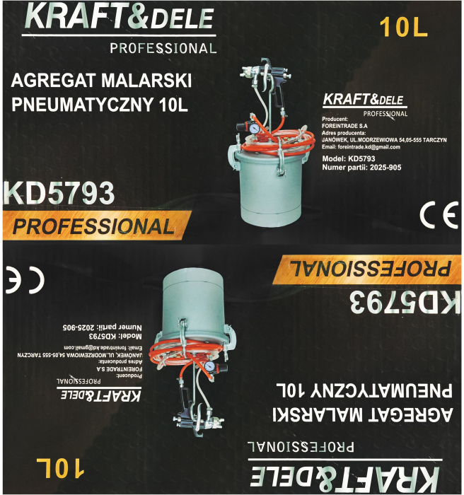 Pistol vopsit cu rezervor vas sub presiune 10L , duza 2.0 mm, rezervor otel, furtunuri 2.9 m, regulator presiune (KD5793) [16]
