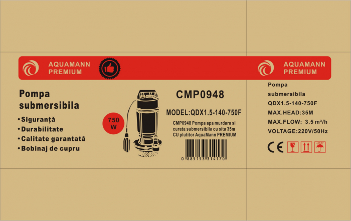 Pompa apa murdara si curata submersibila cu sita 35m cu plutitor 3m³h(CMP0948) [3]