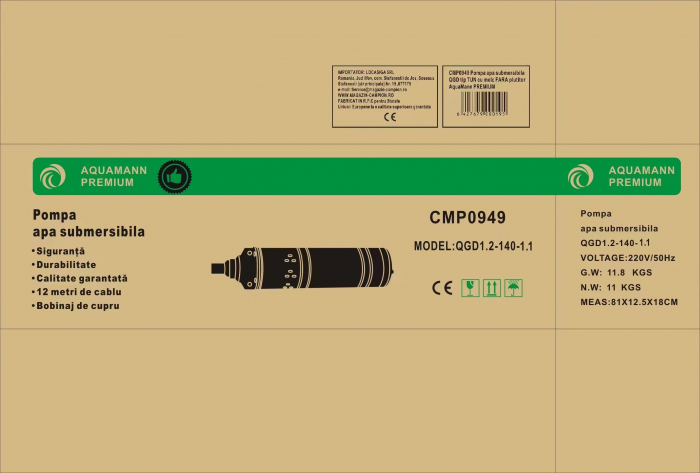 Pompa apa submersibila 3.5m³h 160M fara plutitor flotor (CMP0949) [3]