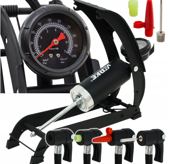 Pompa de picior auto cu un singur piston, manometru 0-7 bar si adaptoare pentru umflat anvelope (V83140) [3]