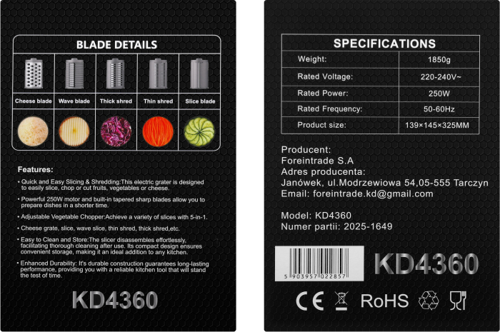 Razatoare electrica multifunctionala 250W pentru legume, fructe si branzeturi (KD4360) [15]