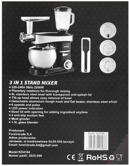 Robot de bucatarie multifuncțional 3 in 1, 2200W, Bol Inox 6L, Blender 1.5L si Masina de Tocat Carne (KD4164) [18]