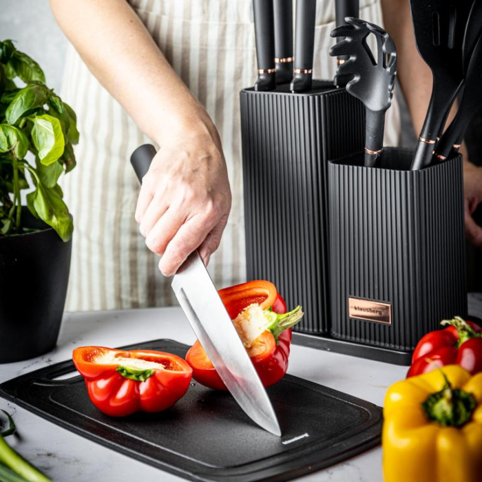 Set 12 piese, 5 cutite otel, 5 ustensile silicon, tocator si suport depozitare (KB-7835) [20]