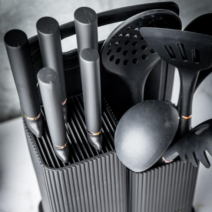 Set 12 piese, 5 cutite otel, 5 ustensile silicon, tocator si suport depozitare (KB-7835) [14]