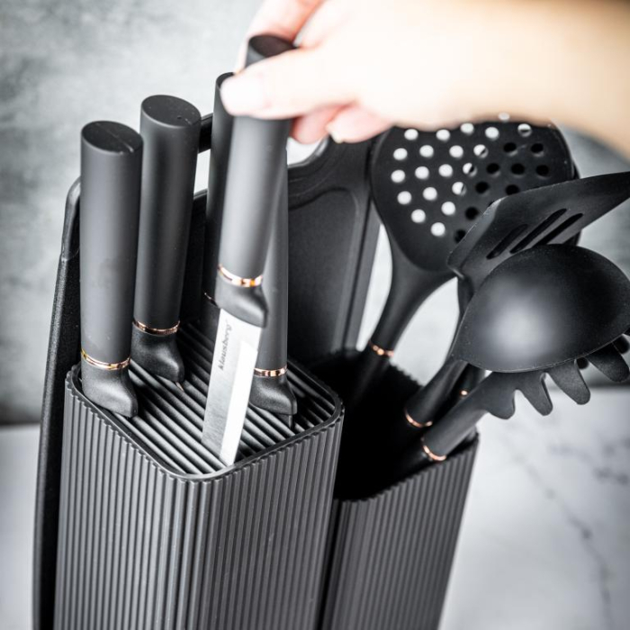 Set 12 piese, 5 cutite otel, 5 ustensile silicon, tocator si suport depozitare (KB-7835) [24]