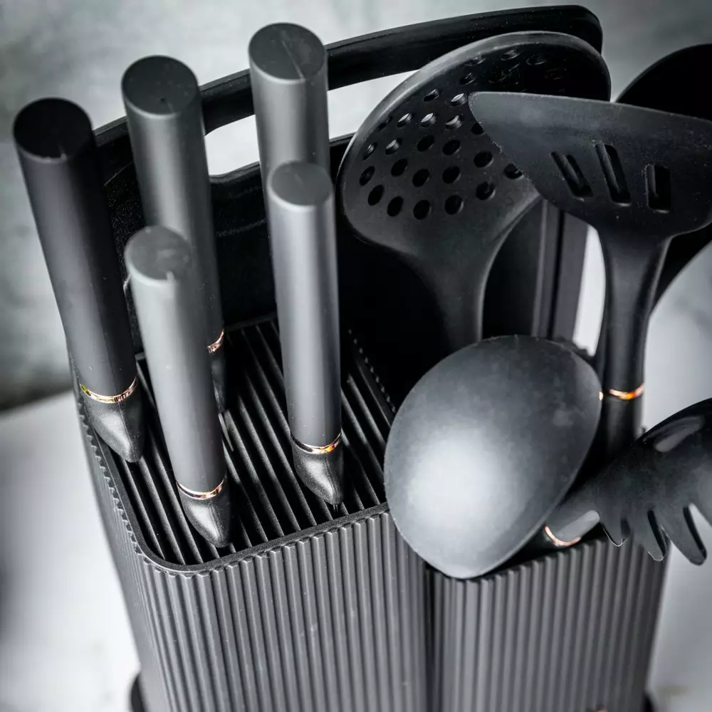 Set 12 piese, 5 cutite otel, 5 ustensile silicon, tocator si suport depozitare (KB-7835) [4]