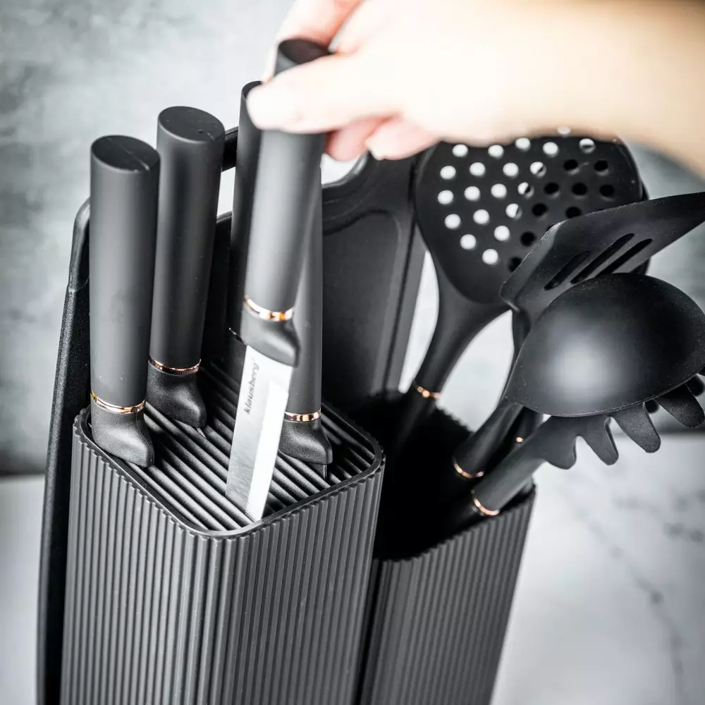 Set 12 piese, 5 cutite otel, 5 ustensile silicon, tocator si suport depozitare (KB-7835) [3]