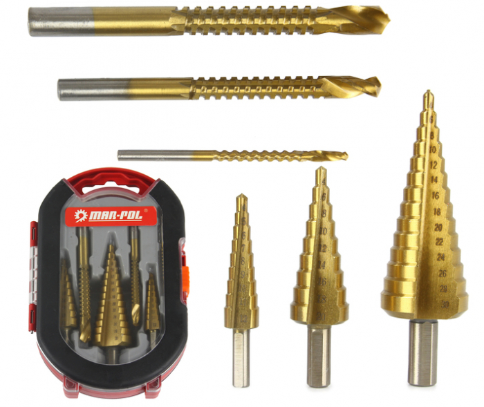Set 3 burghie freza conica metal in trepte 4-30mm + 3 burghie frezare (M22295) [1]
