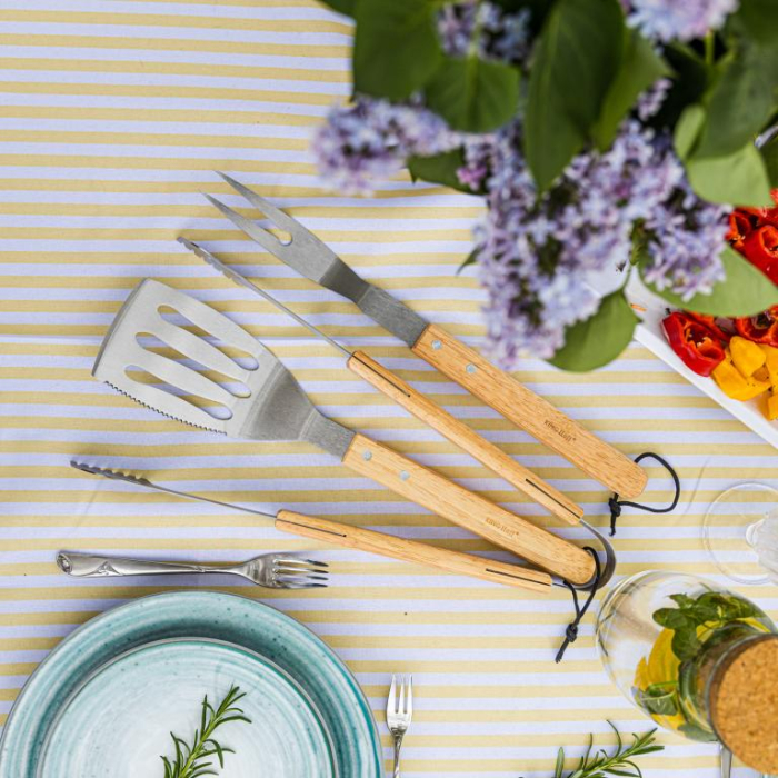 Set 3 piese ustensile de gratar din otel inoxidabil cu maner din lemn  (KH-1918) [8]