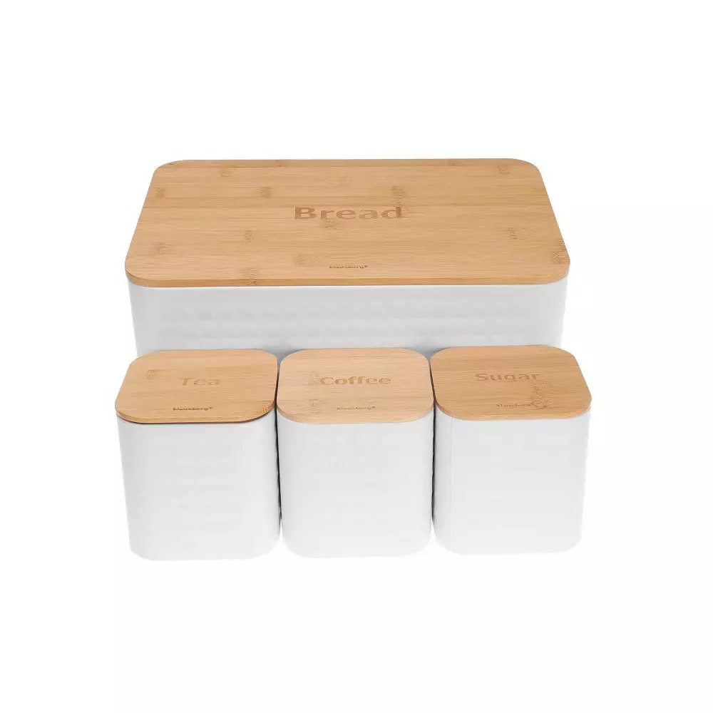 Set 4 recipiente paine, zahar, ceai si cafea din bambus si otel alb (KB-7483) [8]