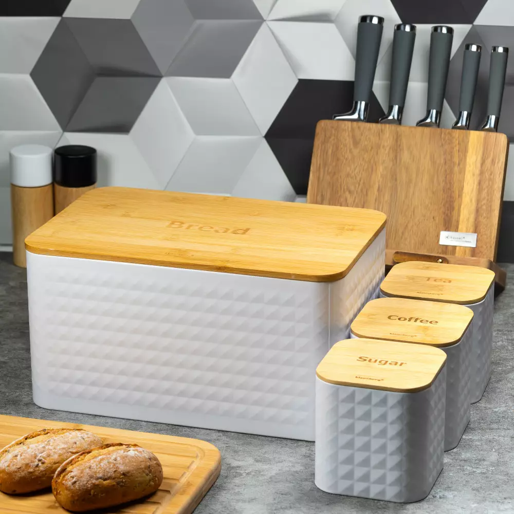 Set 4 recipiente paine, zahar, ceai si cafea din bambus si otel alb (KB-7483) [5]