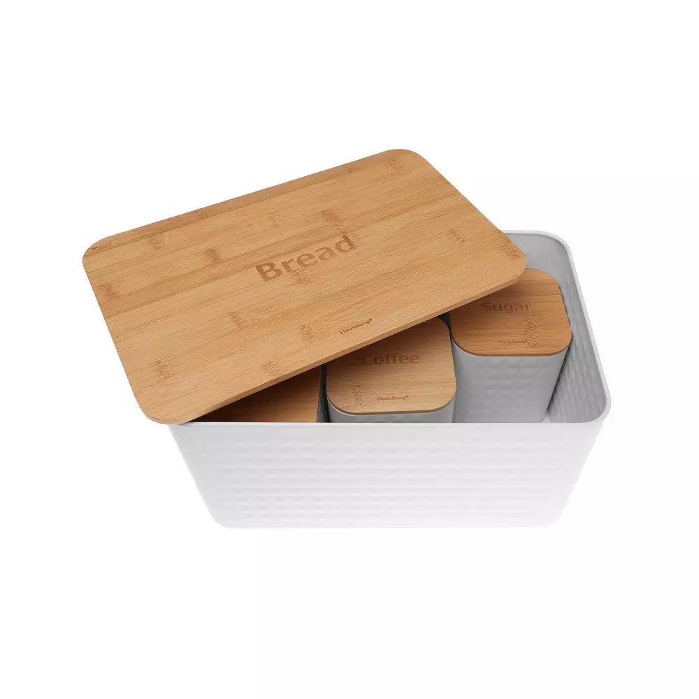 Set 4 recipiente paine, zahar, ceai si cafea din bambus si otel alb (KB-7483) [4]
