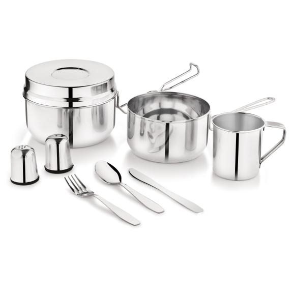 Set camping 9 piese din inox cu oala 1,5L cana 0,5L recipient 1,1L si tacamuri (KH-2060) [2]