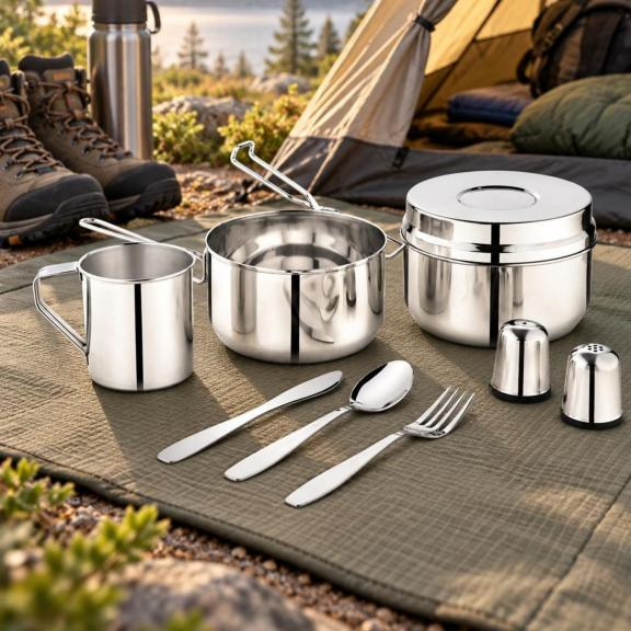 Set camping 9 piese din inox cu oala 1,5L cana 0,5L recipient 1,1L si tacamuri (KH-2060) [5]