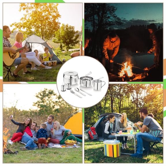 Set camping 9 piese din inox cu oala 1,5L cana 0,5L recipient 1,1L si tacamuri (KH-2060) [7]