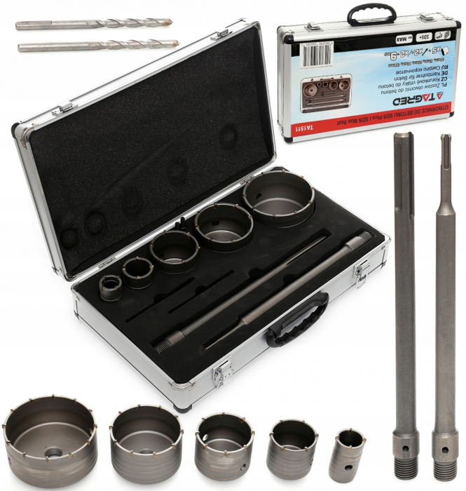 Set carote 9 piese cu vidie pentru beton 30-100mm cu adaptor SDS+ SDS Max (TA1511) [1]