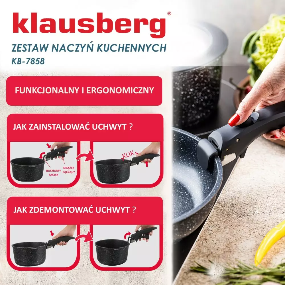 Set de 3 piese de oala si tigai cu invelis antiaderent + maner detasabil si capac (KB-7858) [9]