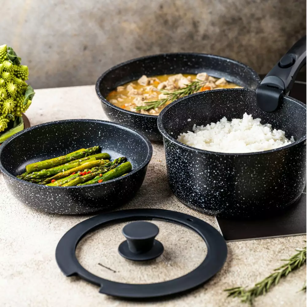 Set de 3 piese de oala si tigai cu invelis antiaderent + maner detasabil si capac (KB-7858) [3]