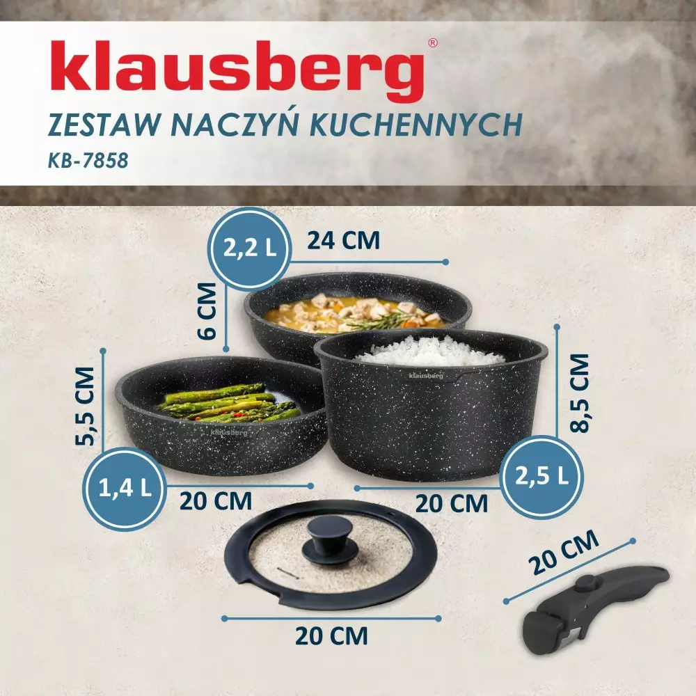 Set de 3 piese de oala si tigai cu invelis antiaderent + maner detasabil si capac (KB-7858) [10]