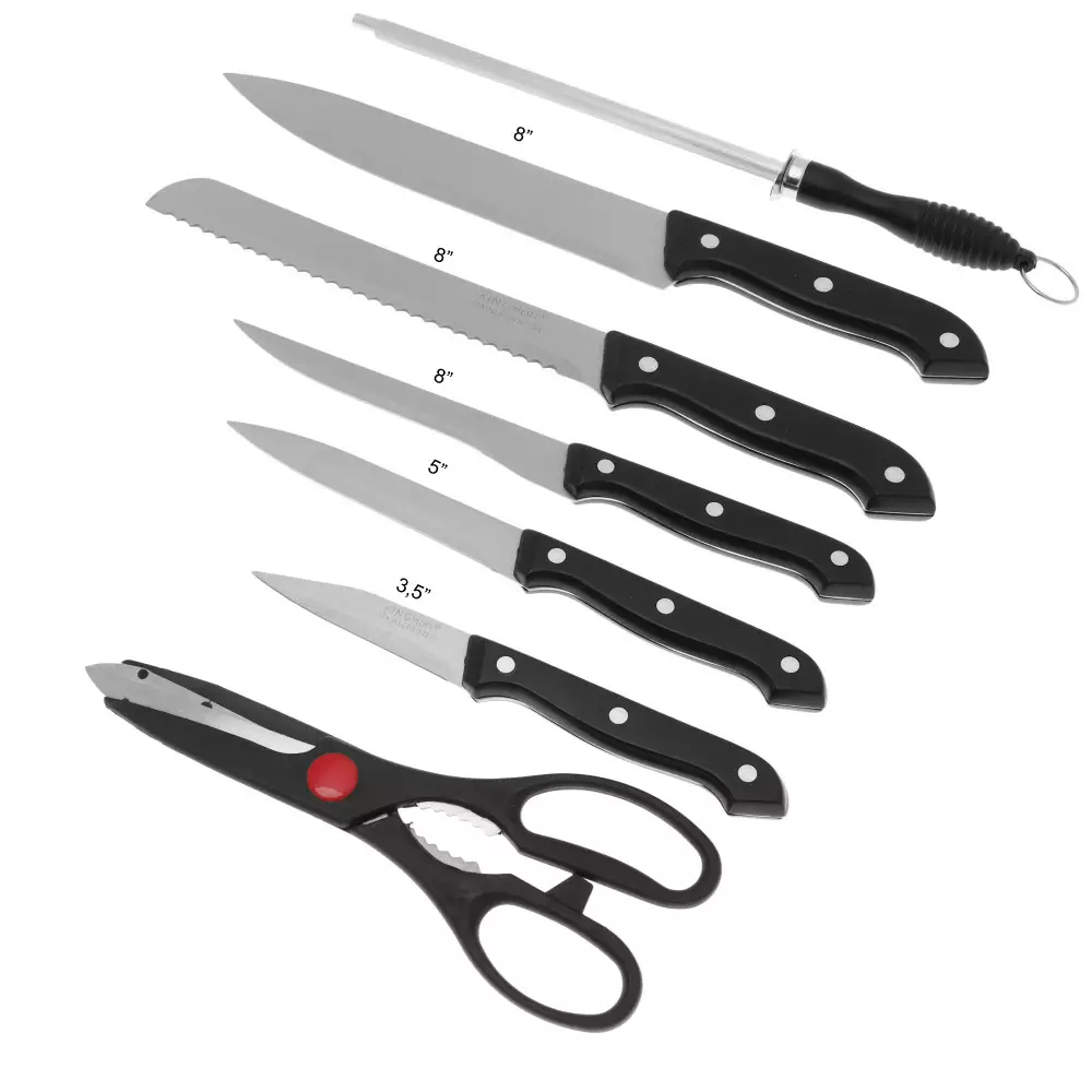 Set de cutite din otel inoxidabil, 5 cutite, 1 ascutitor, 1 foarfeca si suport din lemn (KH-3444) [5]